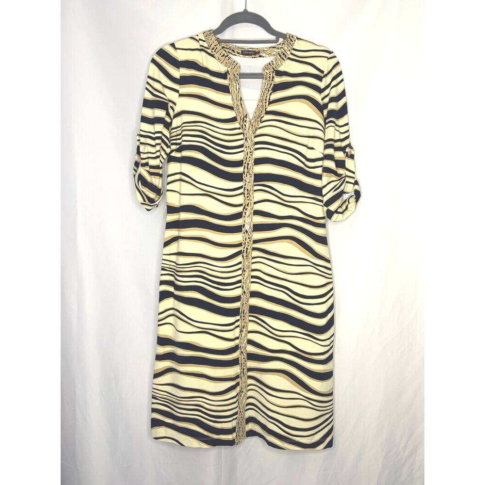 J McLaughlin Dress Small Wavy Stripe Animal Print Trim 3/4 Sleeve Button